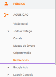 Menu Aquisição Referências Google Analytics