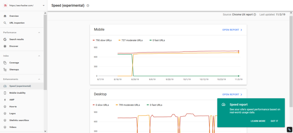 Atualização do relatório de velocidade do google search console